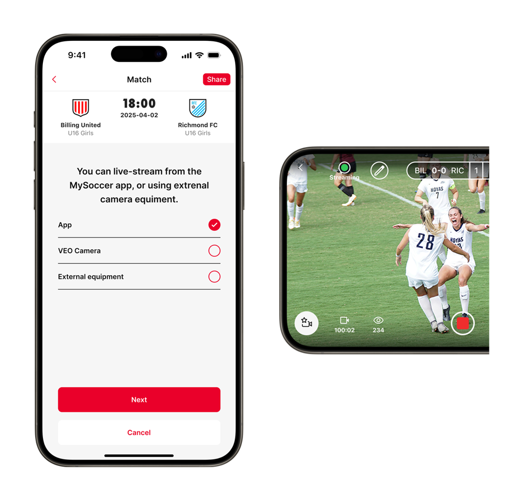 MySoccer app — livestream setup and live view overview